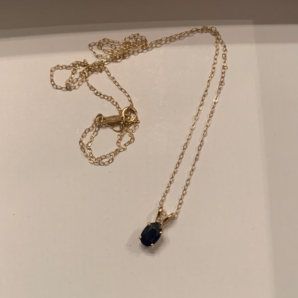 14 KT YELLOW Gold PENDANT w/Blue SAPPHIRE AND NATURAL DIAMOND & 10 KT GOLD CHAIN